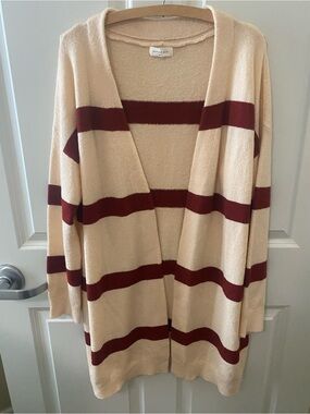 Sophie Rue Saks Fifth Avenue Cream and Burgundy Striped Open-Front Cardigan
